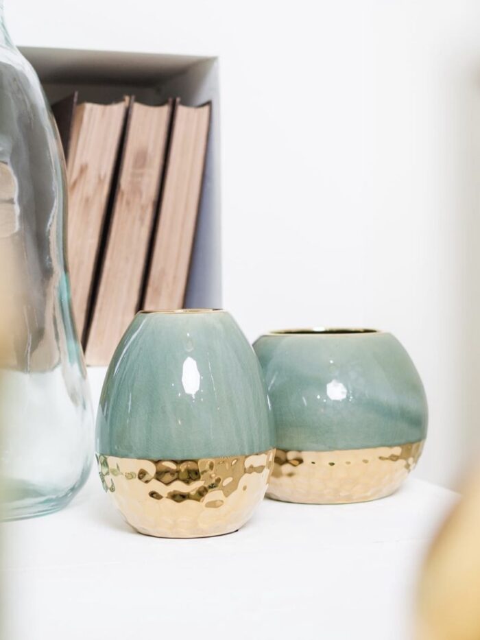 Green and Gold Metal Vases