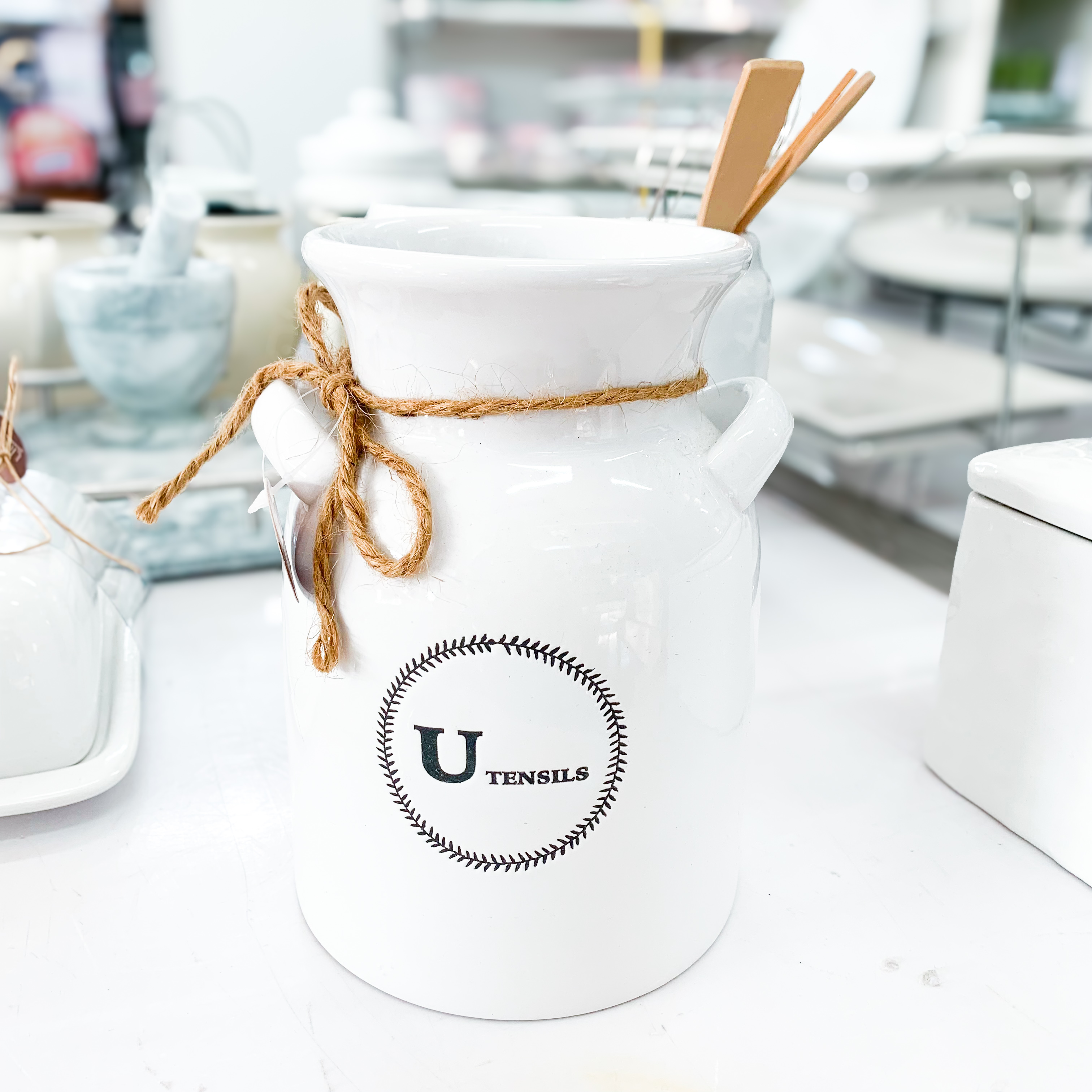 Utensil Holder with Twine Bow- Ceramic
