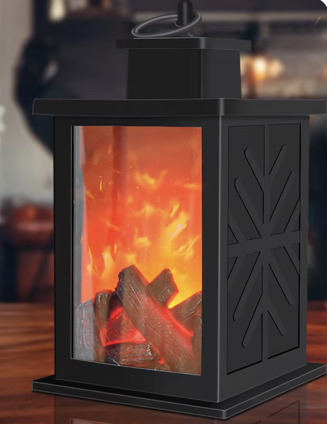 LED Black Cozy Fireplace Lantern