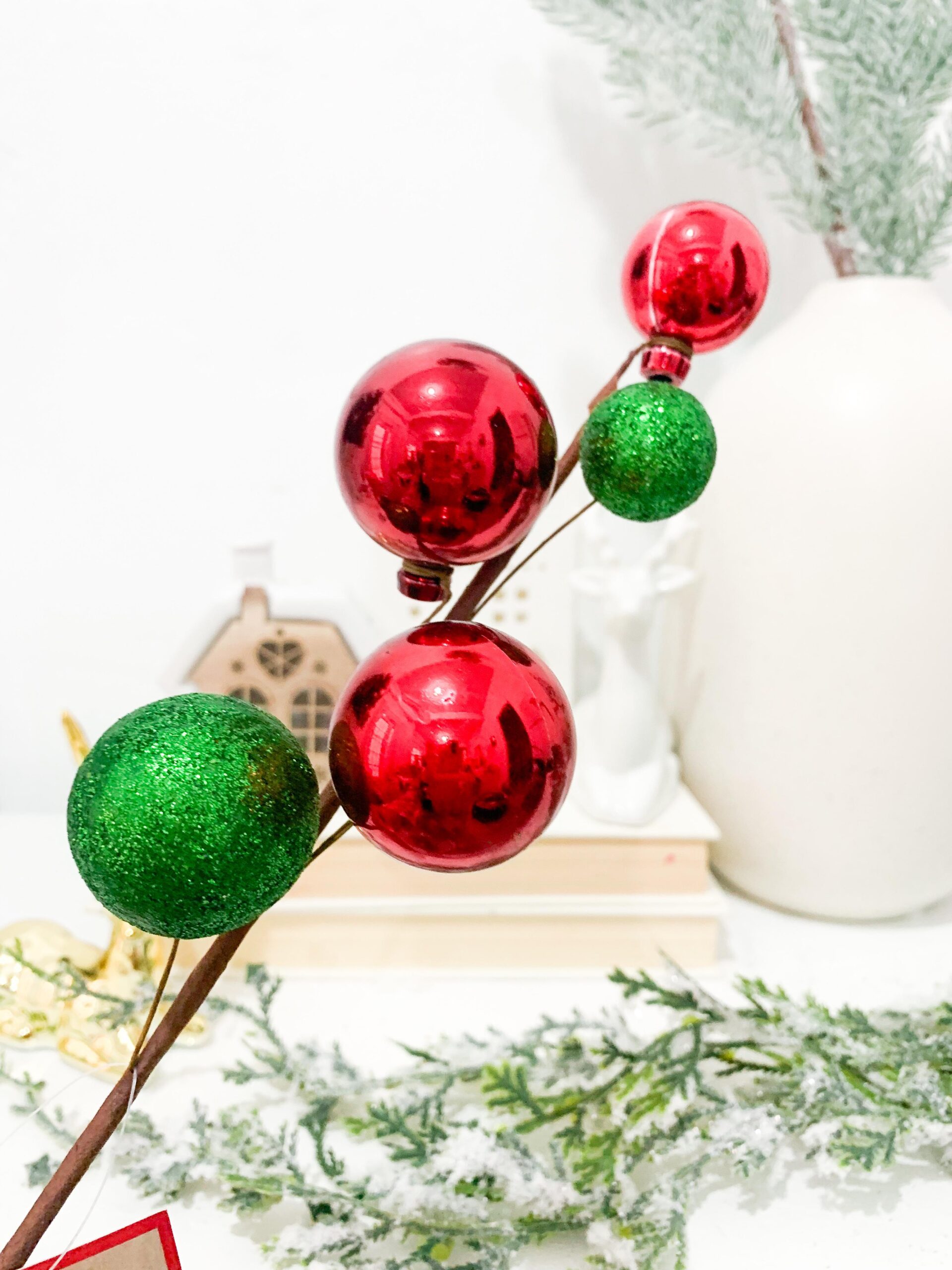 Red and Green Baubles on Short Stem