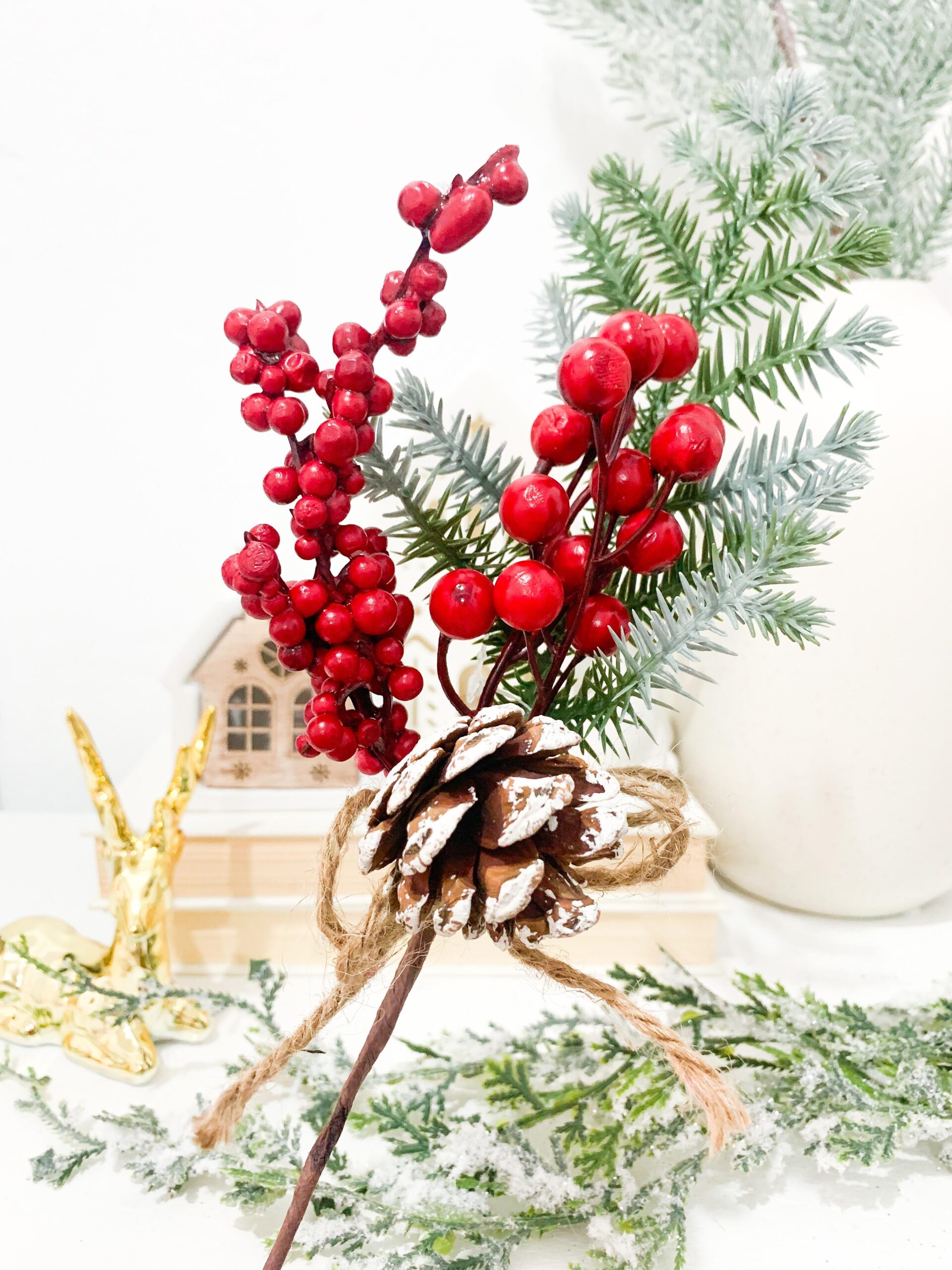 Holly Berries with Pinecone on Short Stem