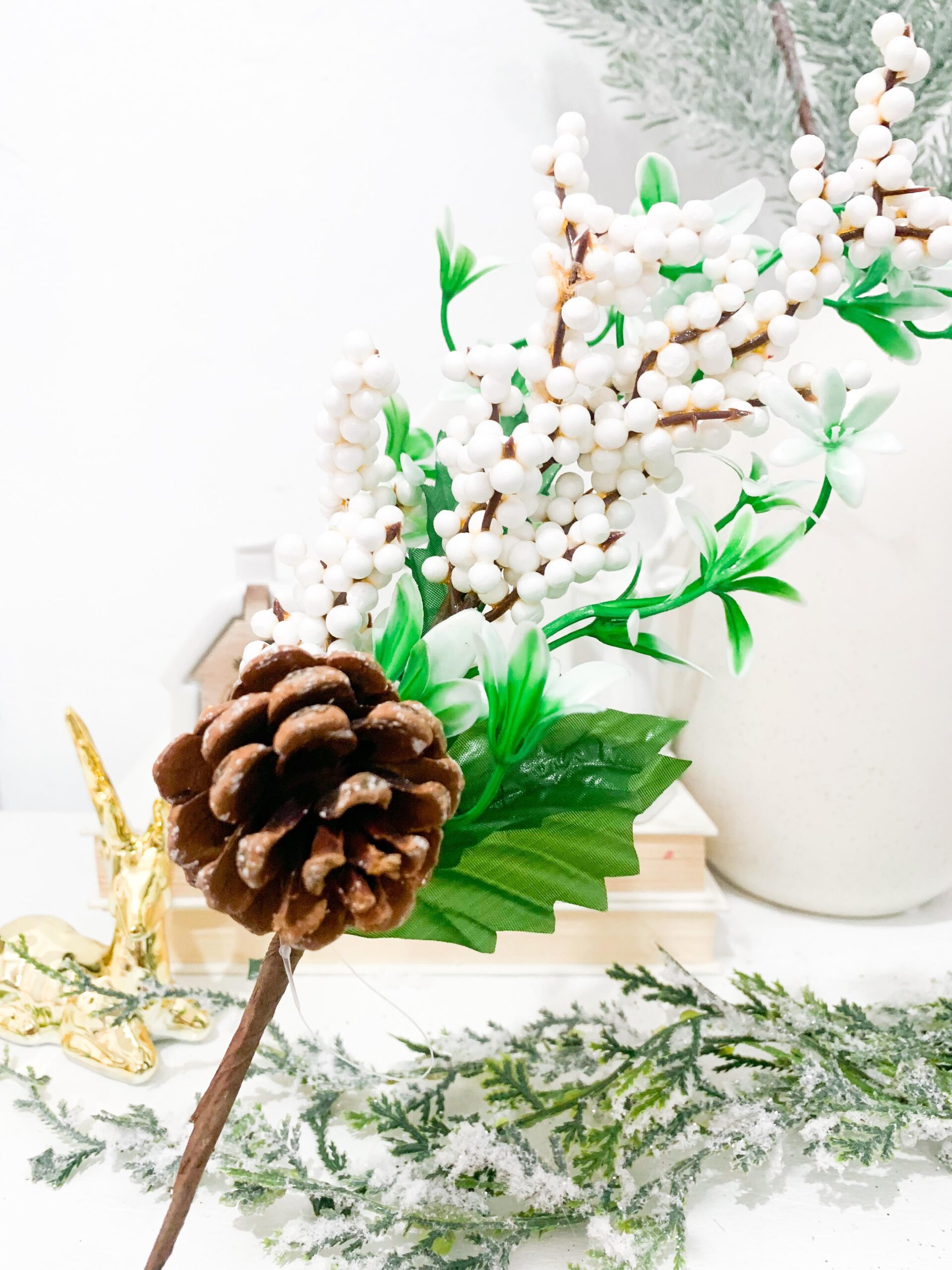 White Berries with Pinecone on Short Stem