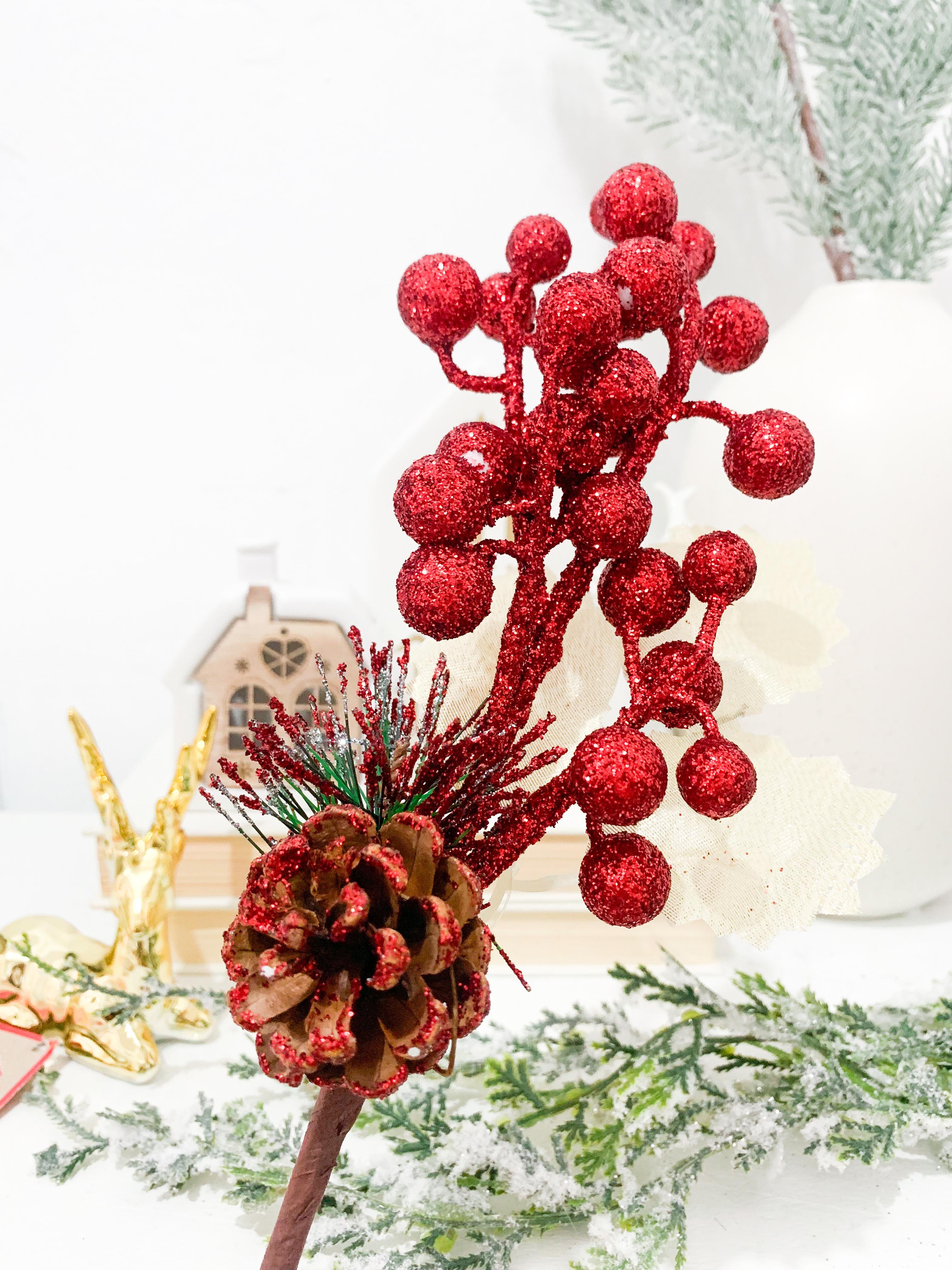 Glitter Holly Berries with Pinecone on Short Stem