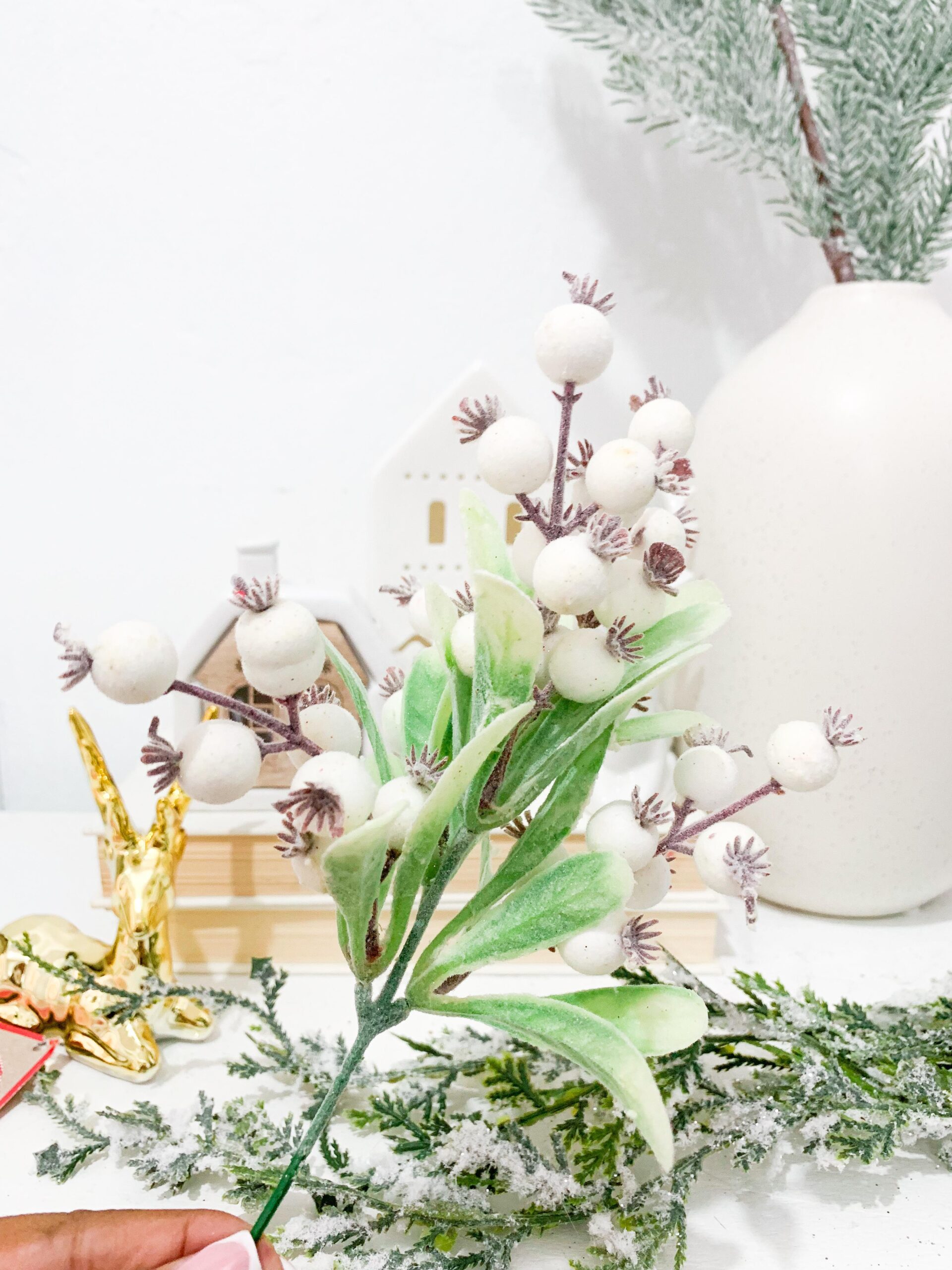 White Mistletoe Christmas Berries on Short Stem